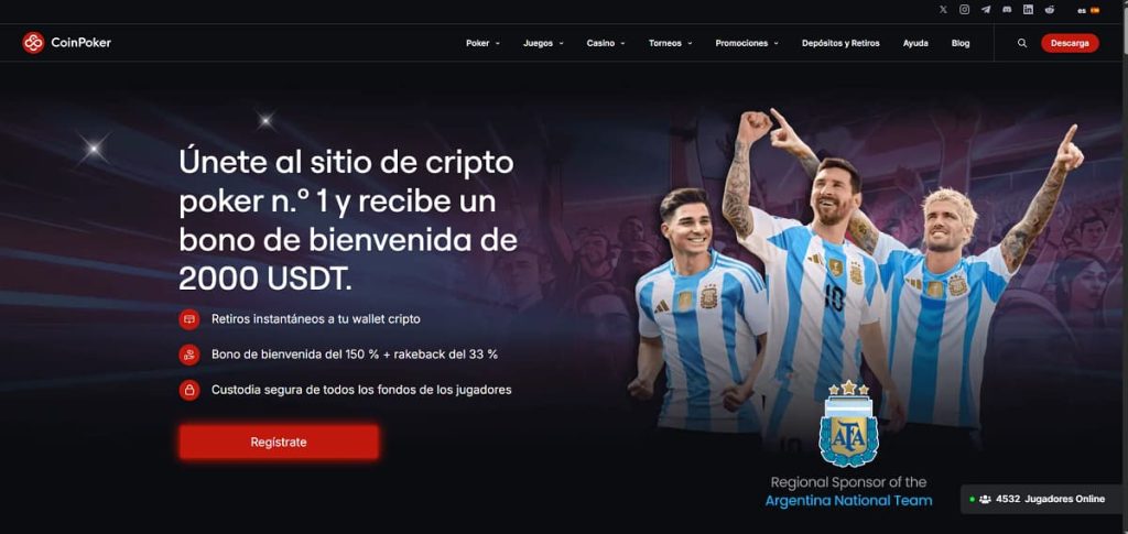 CoinPoker banner con jugadores de la selección argentina, ofreciendo bono de bienvenida de 150 % hasta 2000 USDT más rakeback del 33 %. Diseño oscuro con botón de registro y contador de jugadores online.