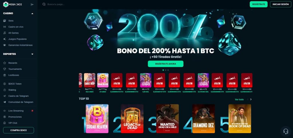 Una captura de pantalla de la plataforma de casino online Mega Dice con un banner promocional de un bono del 200%, opciones de navegación para juegos de casino y apuestas deportivas, y un diseño futurista que destaca la integración de criptomonedas.