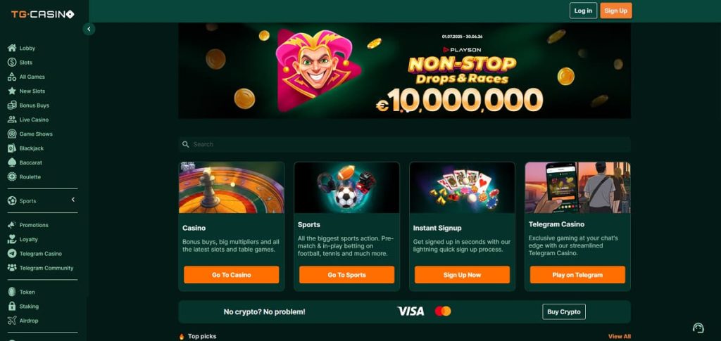 Una página de inicio colorida y atractiva de TG Casino, que muestra varios juegos de tragamonedas con iconos llamativos y un menú de navegación para distintas opciones de juego.