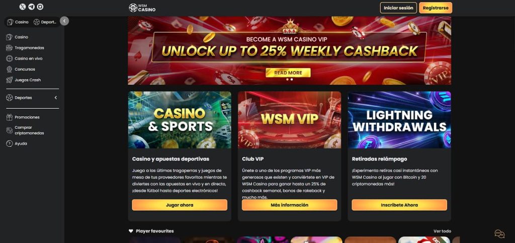 WSM Casino inicio con banner VIP que ofrece hasta 25 % de cashback semanal. Secciones destacadas incluyen casino, tragamonedas, apuestas deportivas, juegos crash y promociones, con opción de retiros rápidos en criptomonedas.